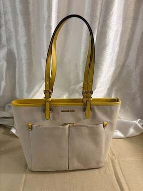 Michael Kors Medium Double Pocket Canvas Tote with Yellow Leather Trim